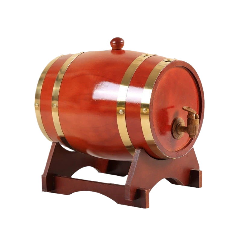 Amber wooden barrel dispenser with gold hoops and a wooden spigot on a brown stand