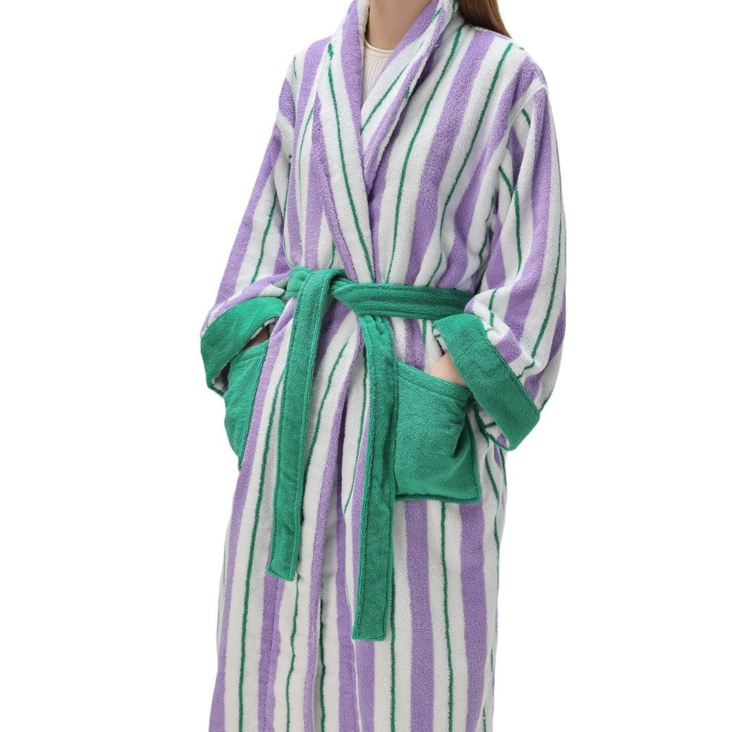 Detail of the vertical stripe terry weave and contrast edging on the cotton hooded bathrobe