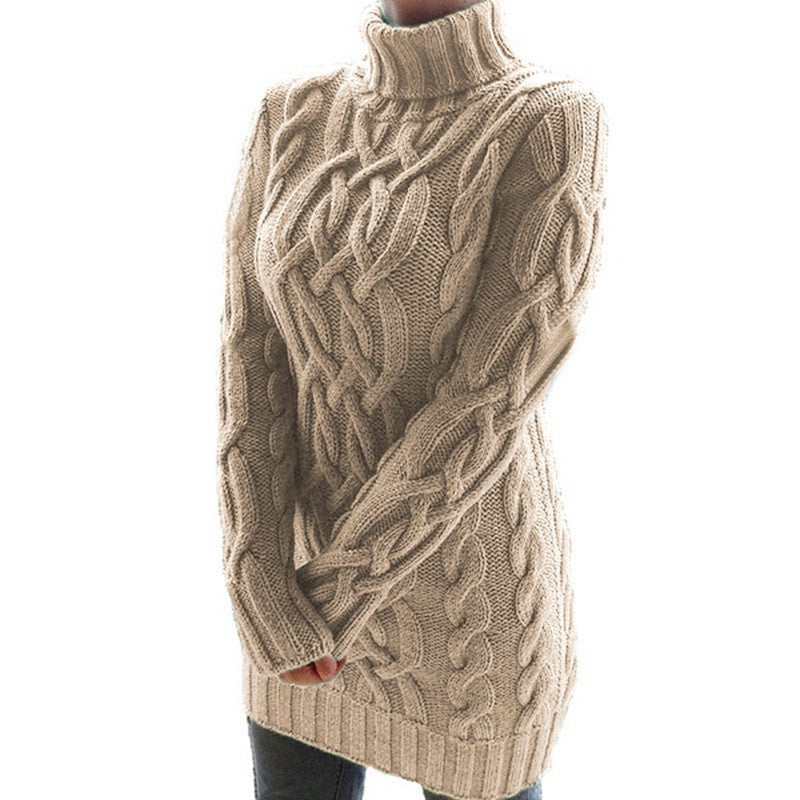 Khaki option, size S: chunky cable knit turtleneck sweater dress with ribbed hem