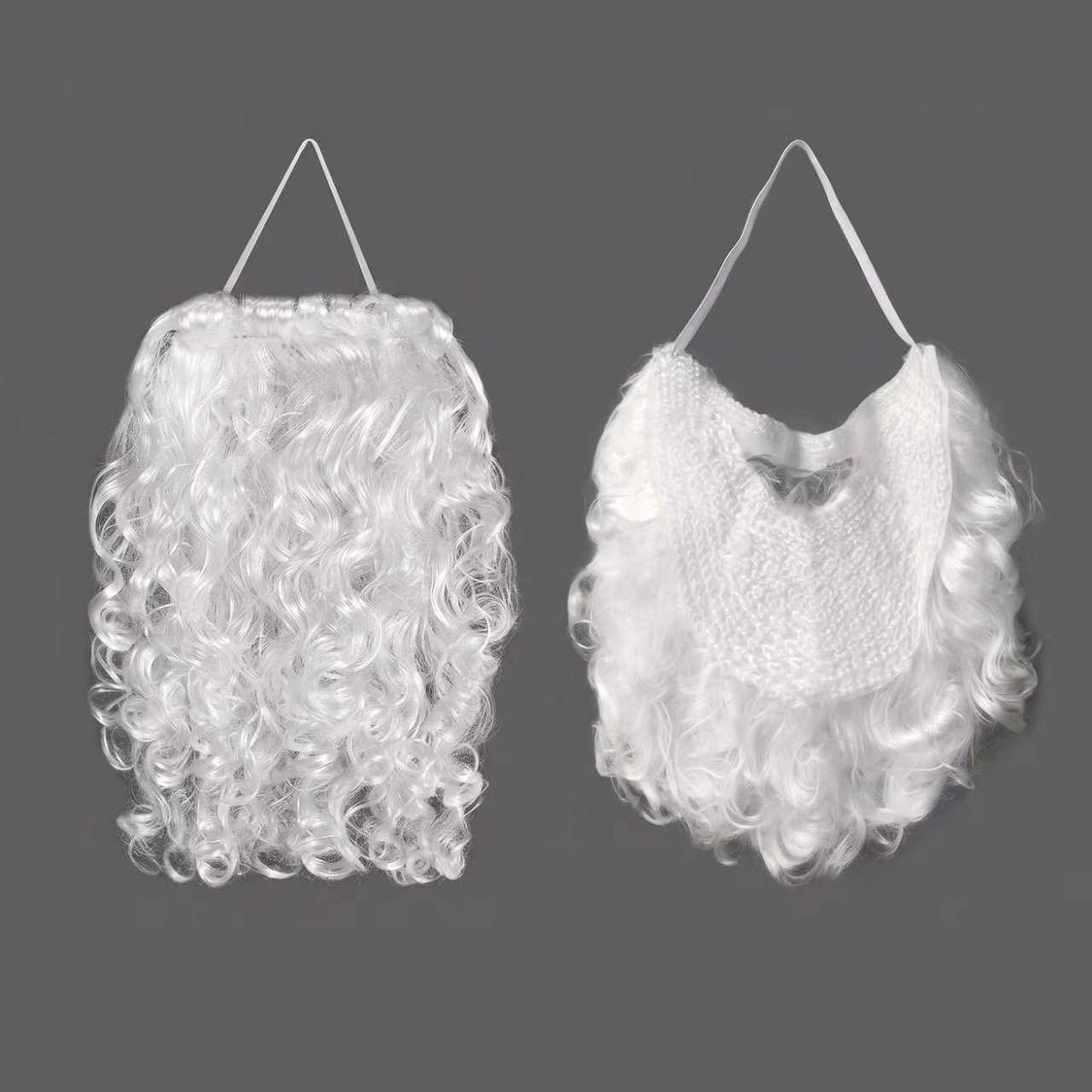 White curly synthetic Santa Claus costume wig and matching beard set, weight option view