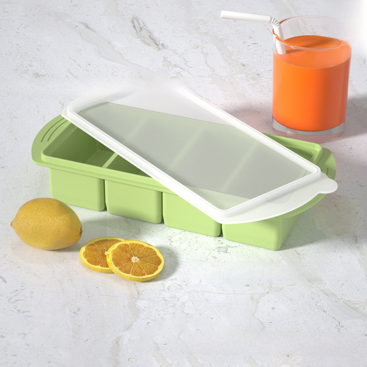 Flexible platinum silicone ice cube tray with the lid lifted off for the home freezer