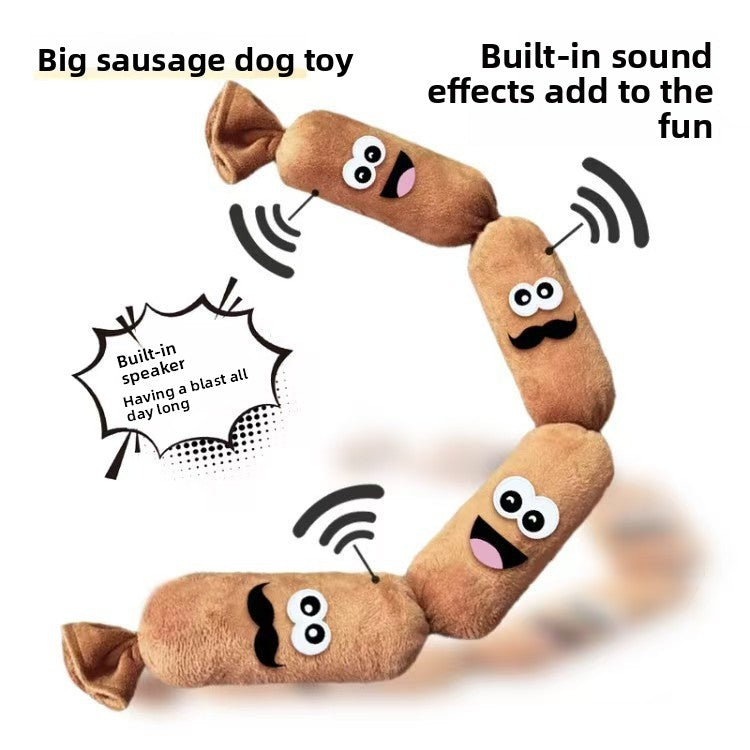 Sausage Dog Toy 2pc option: four section plush sausage with sound wave icons and a built in speaker burst