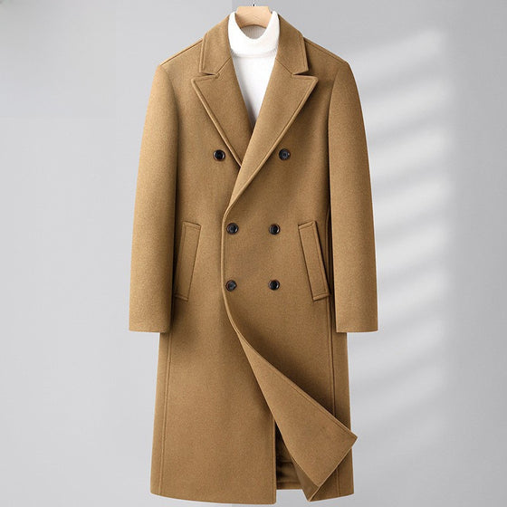 Mens Mid-Length Double Breasted Wool Blend Coat with Peak Lapel