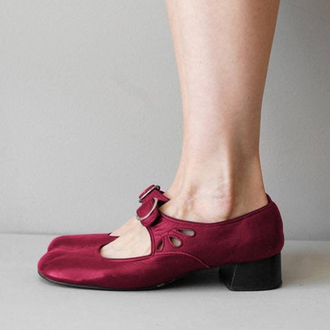 Red Mary Jane shoe with a buckle strap, petal cut outs and a low block heel, side view, size 36 option