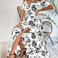Floral cold shoulder maxi dress with high wrap slit shown mid stride on model