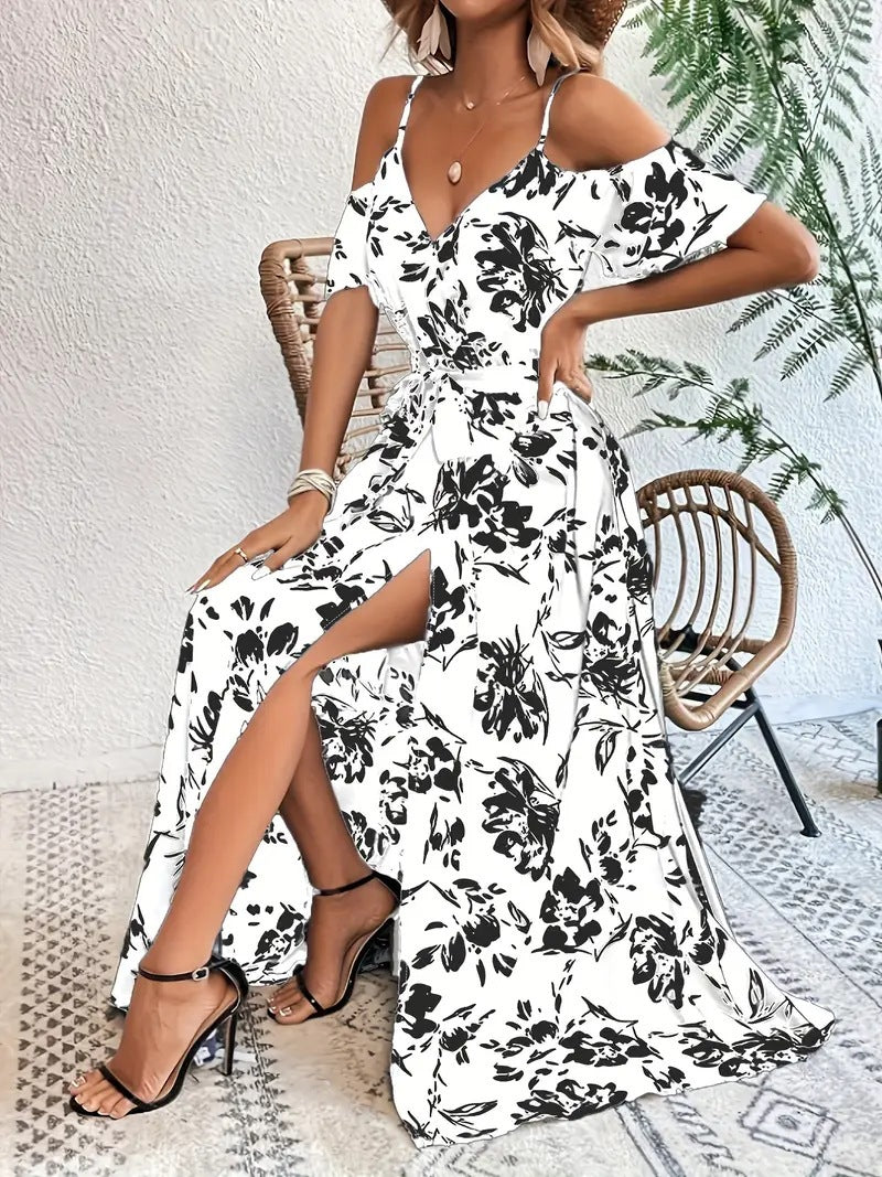 Floral cold shoulder maxi dress with high wrap slit shown mid stride on model