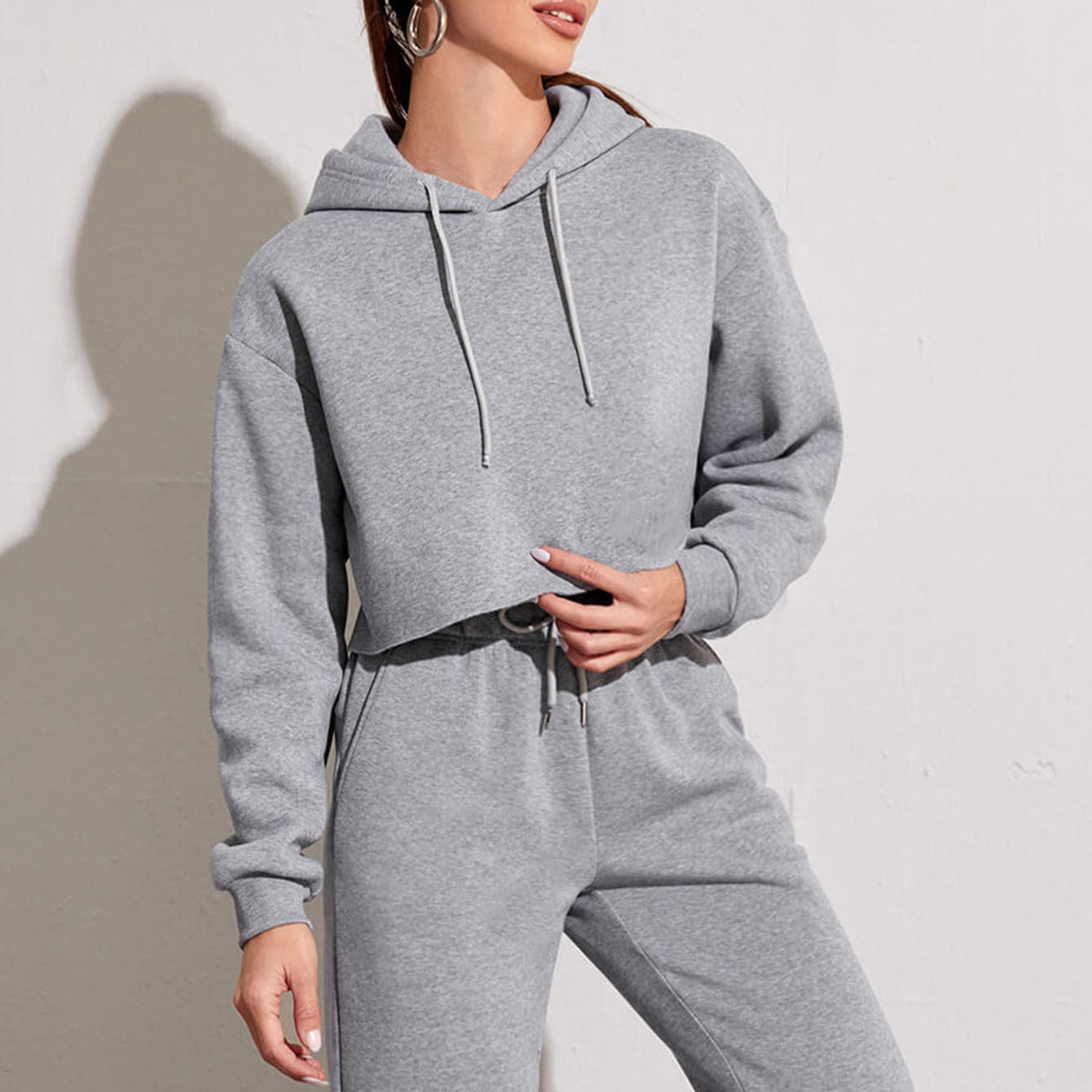 Back view of the cropped hoodie and jogger lounge set with hood