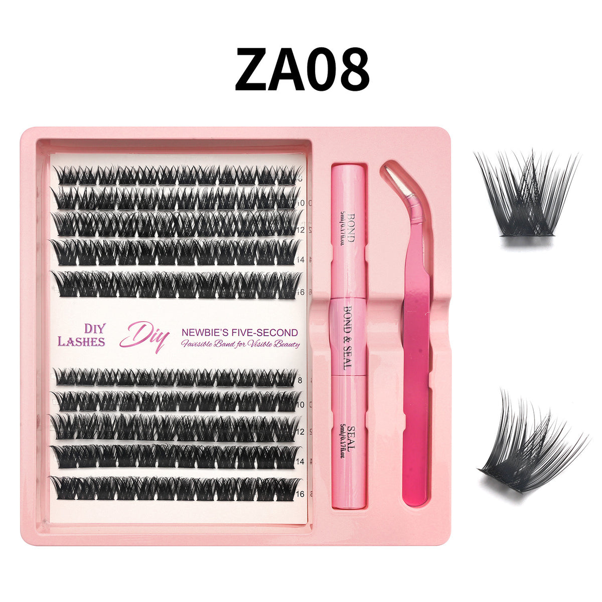 Lash cluster style ZA08 in a 10 row tray with dual-ended glue pen, tweezers and a close-up of the cluster shape
