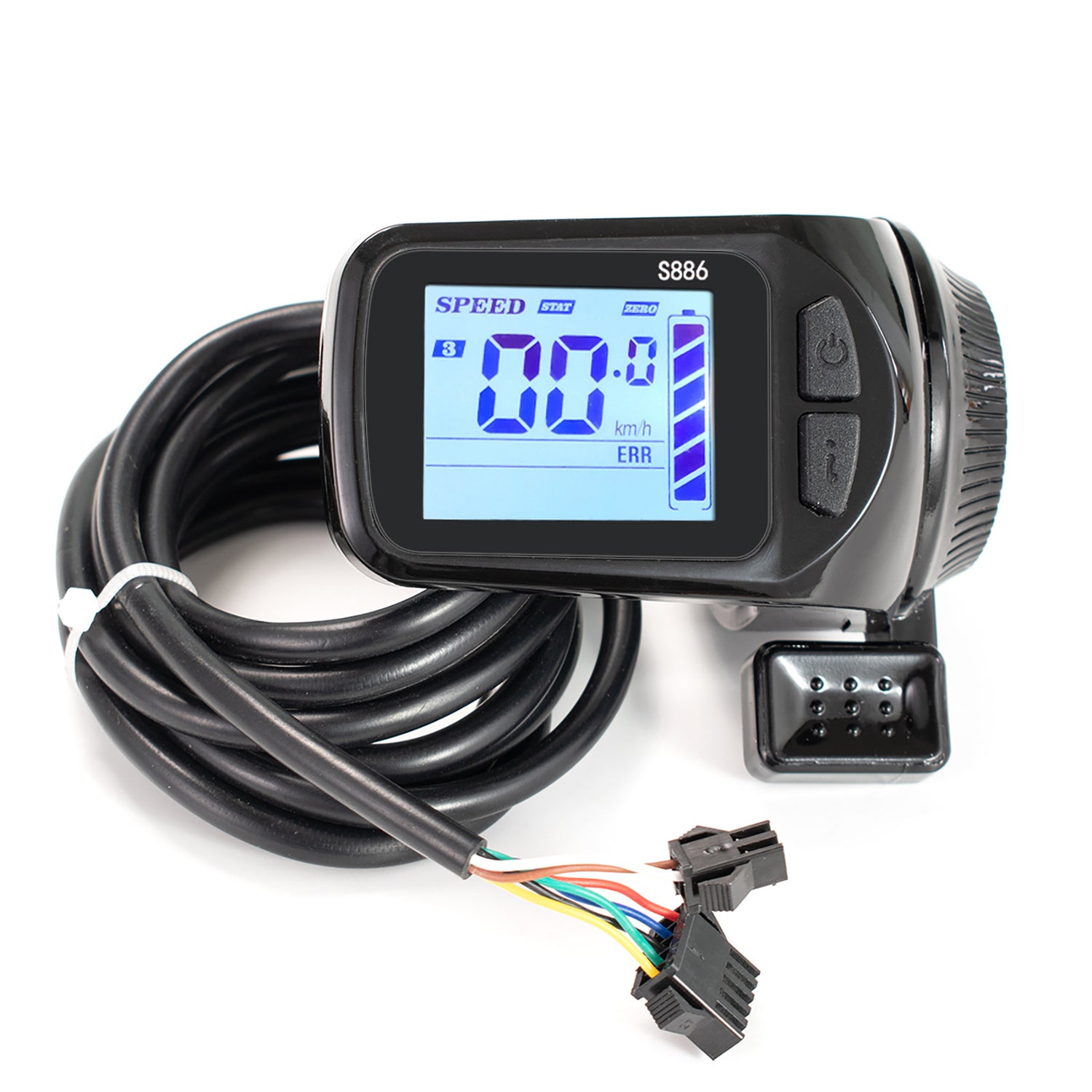 Handlebar LCD display unit with its coiled cable and multi pin connectors on a white background