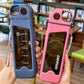 Navy and pink plastic water bottles held up showing clear window with 350 ml level markings