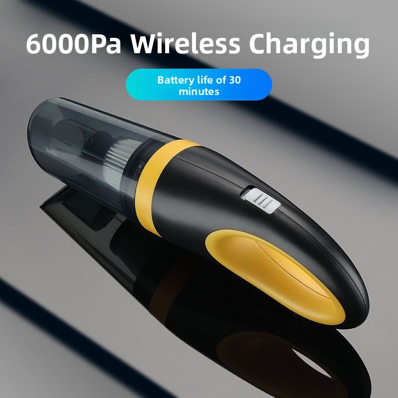 Black and yellow cordless handheld car vacuum with a 6000 Pa suction label