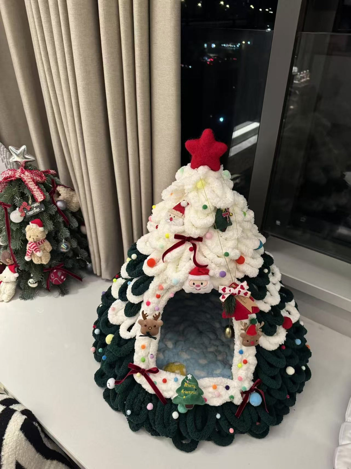 Pure White Ink Green kit: dark green and white chenille tree shaped pet house with a red star and ornaments