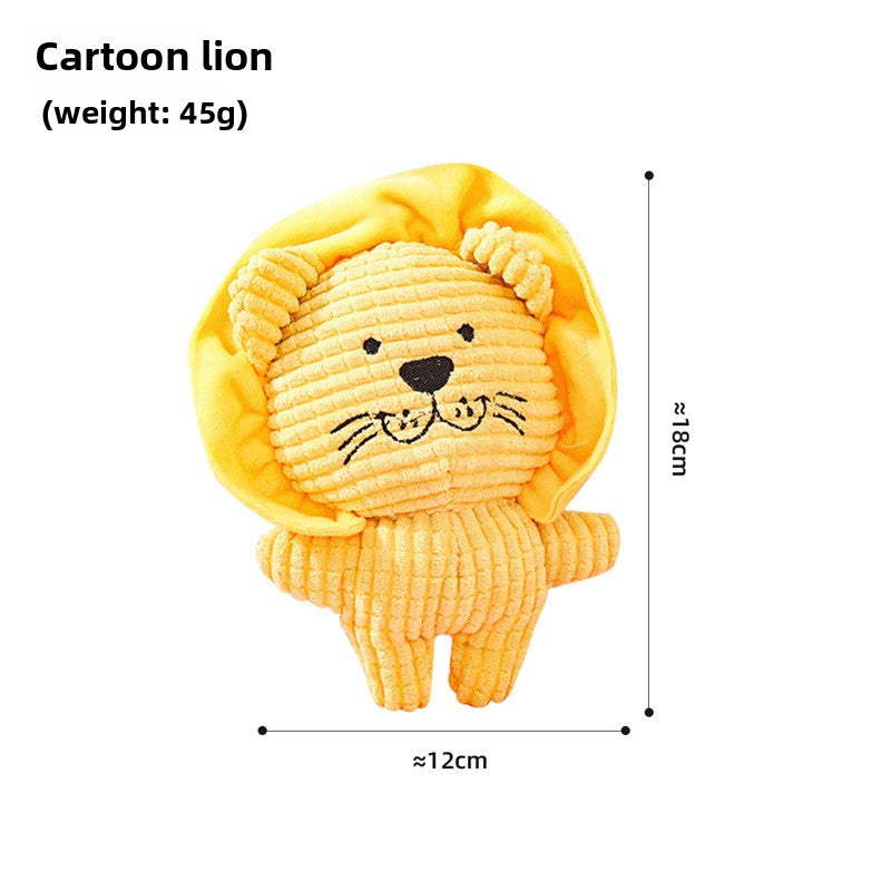 Yellow corn velvet plush squeaky dog toy shaped like a cartoon lion, about 12 by 18cm on white