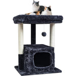 Dark gray cat tree with two cats resting on the plush top perch and a condo below