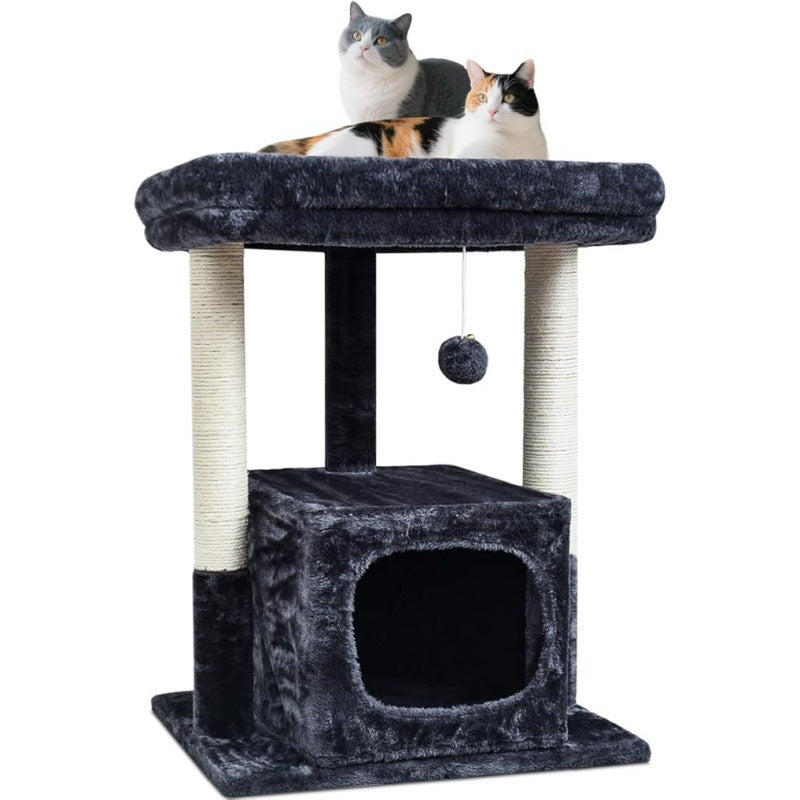 Dark gray cat tree with two cats resting on the plush top perch and a condo below