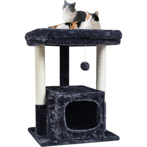 Dark gray cat tree with two cats resting on the plush top perch and a condo below
