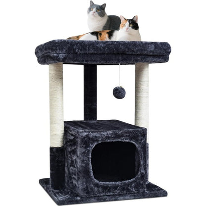 Dark gray cat tree with two cats resting on the plush top perch and a condo below