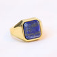 Three lapis lazuli signet rings in black, gold and steel stainless steel finishes