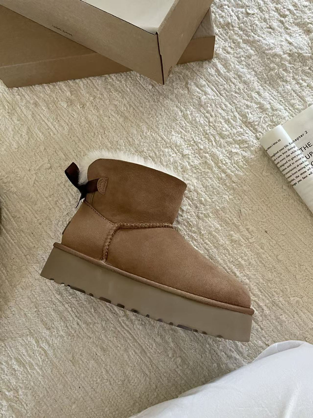 Chestnut suede platform ankle boot with a dark ribbon bow at the back, Chestnut Thick Sole option, size 36