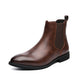 Brown option photo of a glossy Chelsea boot in side view on white, pointed toe and pull tab, size 38