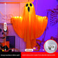 Grey skull hanging Halloween decoration with a tattered gauze body shown at 80 by 60 cm
