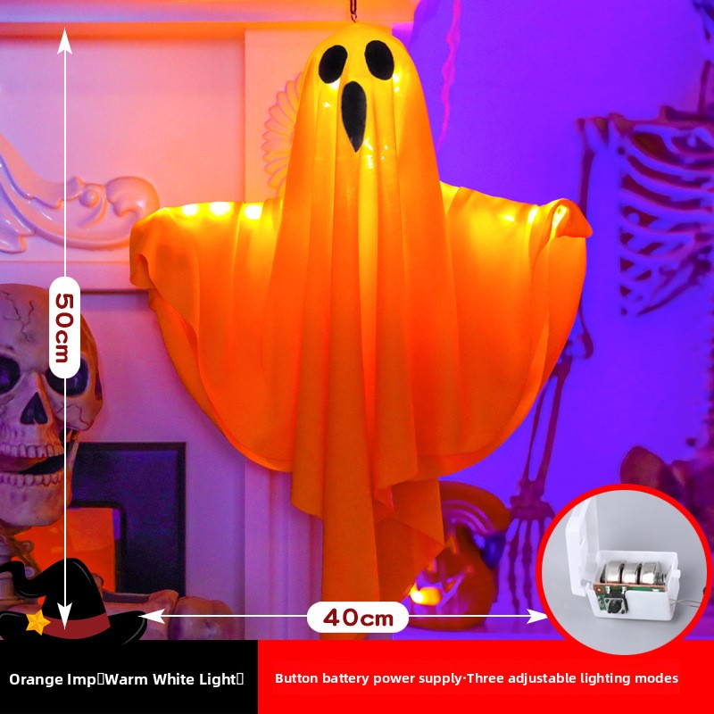 Grey skull hanging Halloween decoration with a tattered gauze body shown at 80 by 60 cm