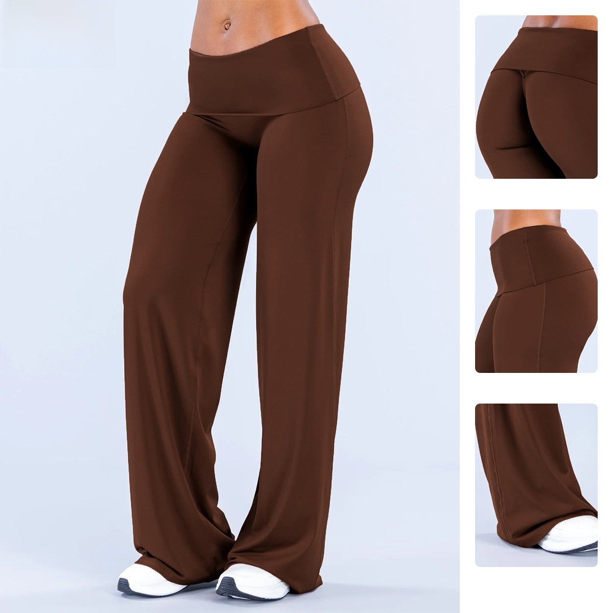 Woman in chestnut brown wide leg pants with three detail panels showing the back, the side and the hem