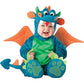 Baby in a teal dragon costume with a green belly, orange wings and a tail, Dragon option, 80cm size
