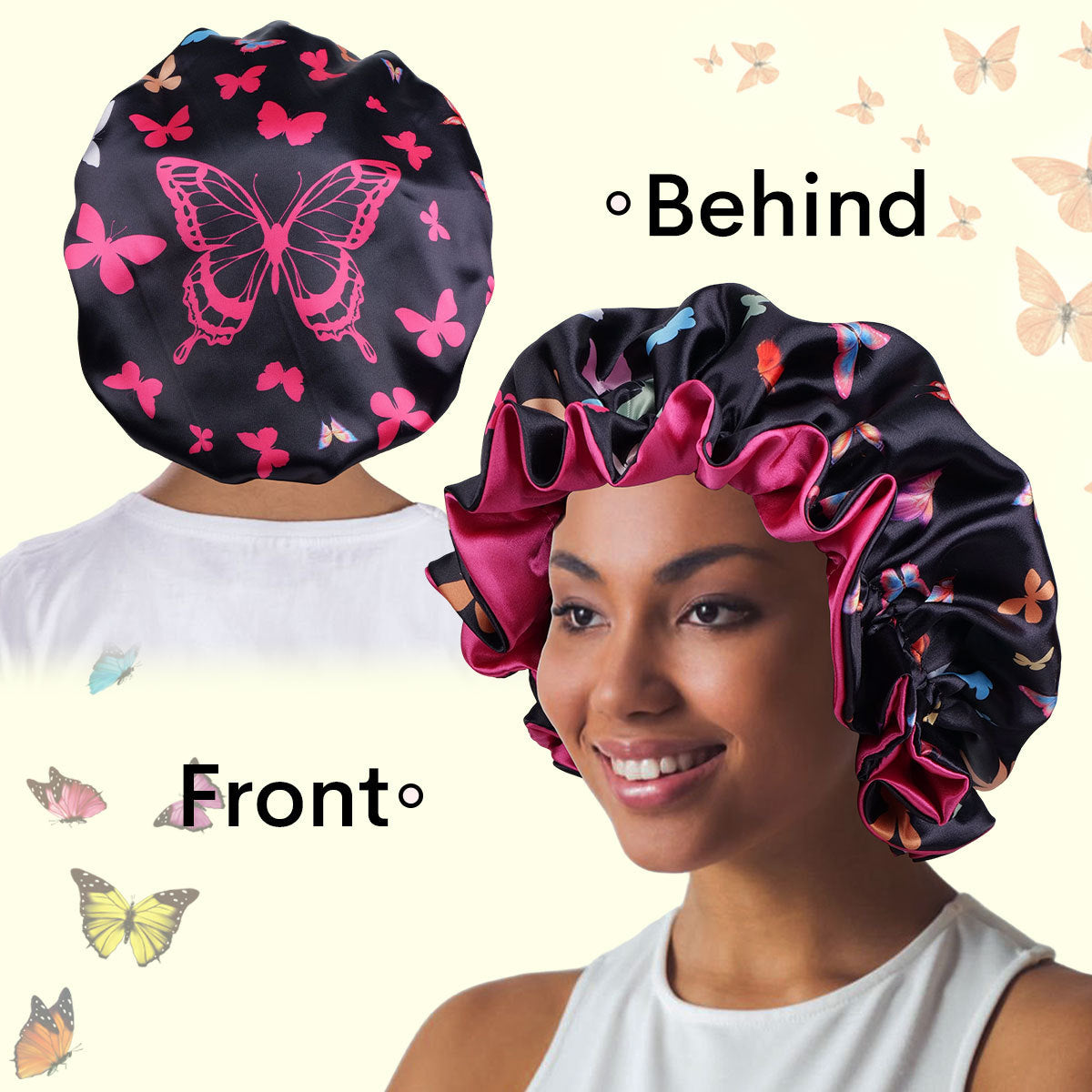 Black butterfly print satin hair bonnet shown front and back with a model wearing it