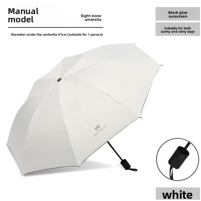 White folding umbrella for sunny and rainy days with UV black coating