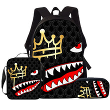 Crown and Shark Print School Backpack, Lunch Bag and Pencil Case Set