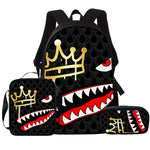 Black crown and shark mouth print school backpack with matching lunch bag and pencil case, red eye and gold crown