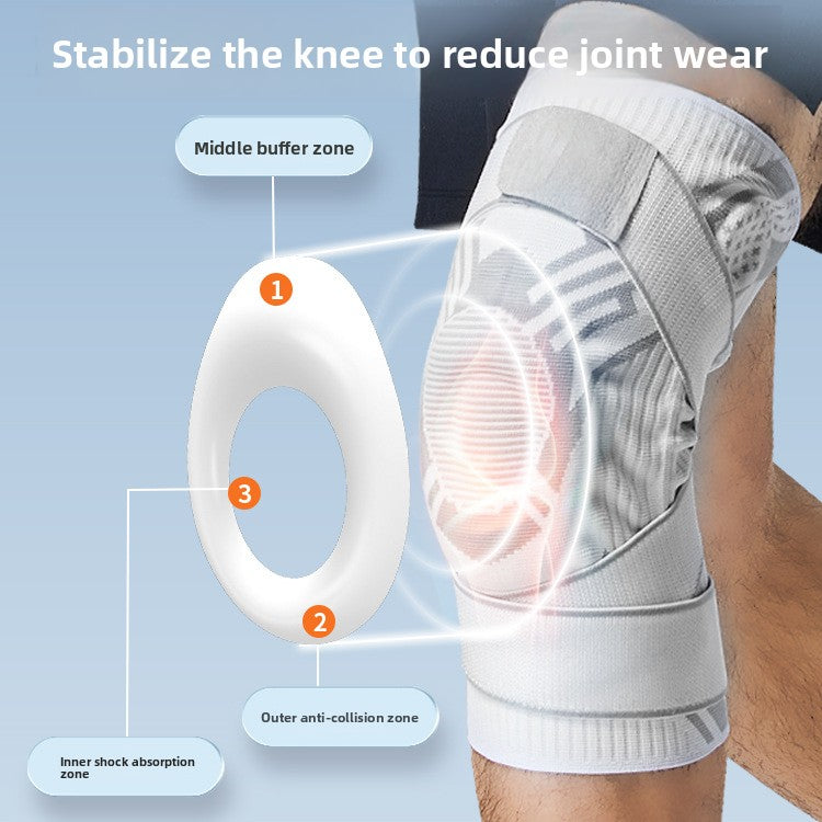 Sports knee brace with reinforced padded kneecap panel and adjustable support strap