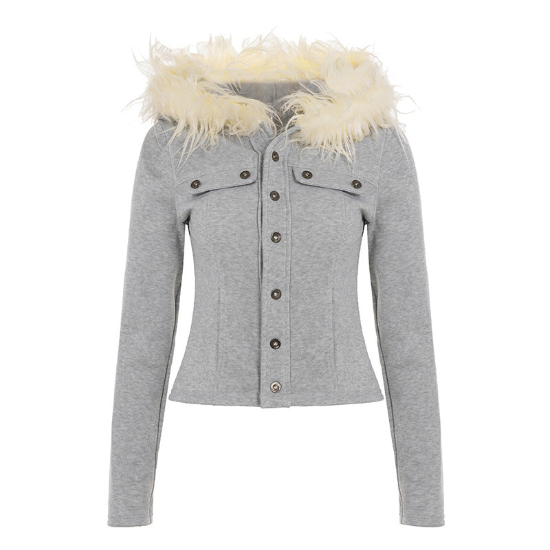 Flat lay of the gray button up cropped jacket with a cream fur collar and a fitted princess seam body