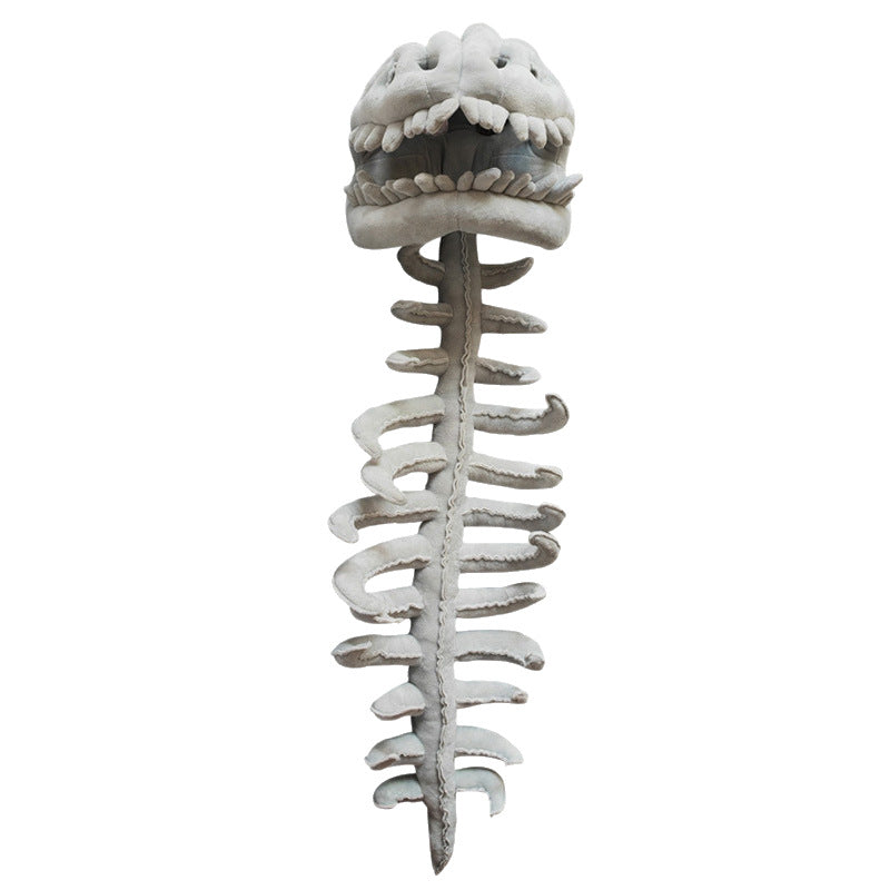 Grey dinosaur skeleton plush hood shown on white, skull with a long ribbed spine tail