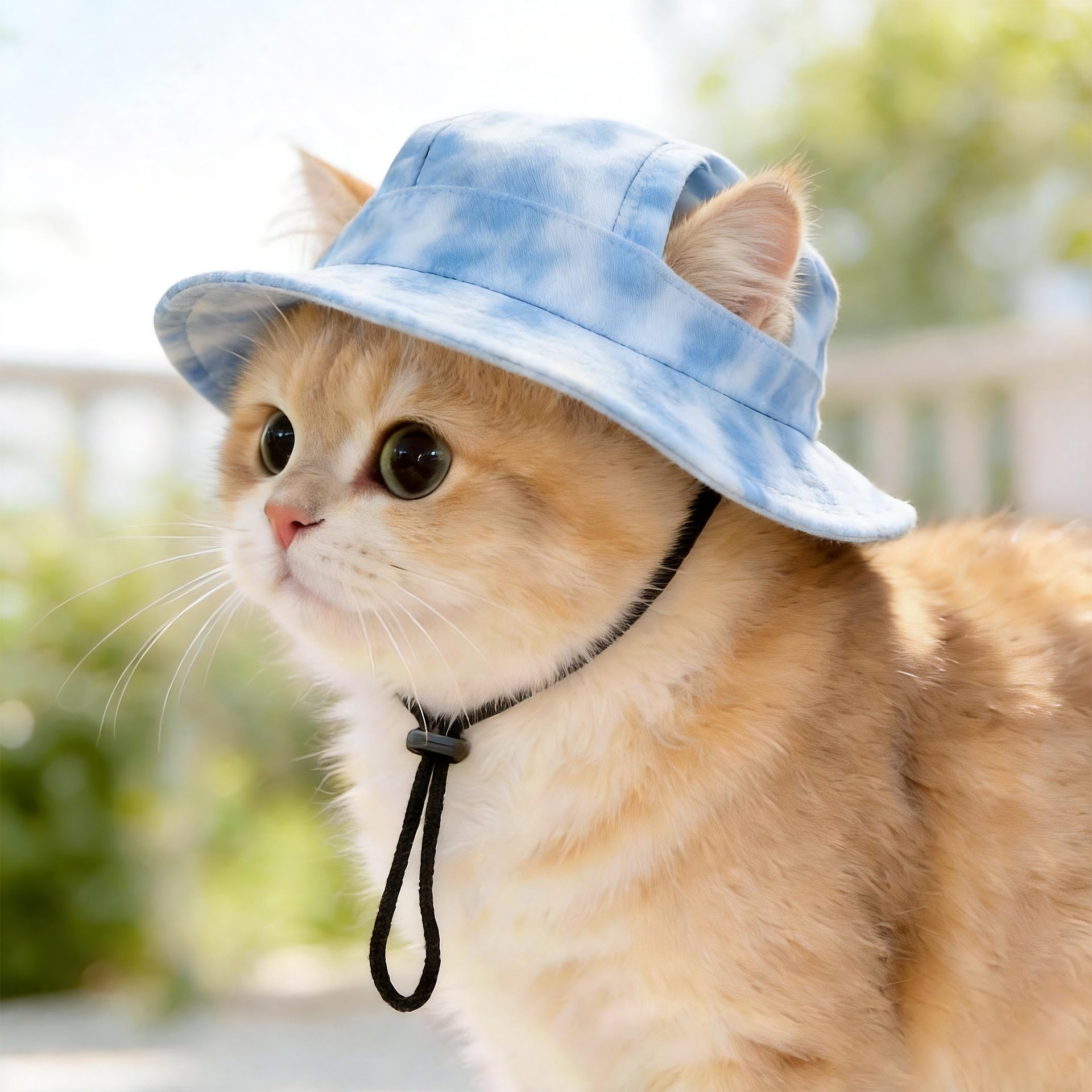 Pet bucket sun hat with ear holes and chin cord in a yellow duck print, view 49