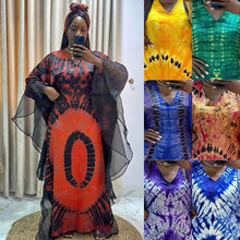 Womens African Print Kaftan Maxi Dress with Mesh Sleeves and Headscarf
