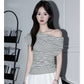 Black and White Striped Off-Shoulder T-Shirt for Women
