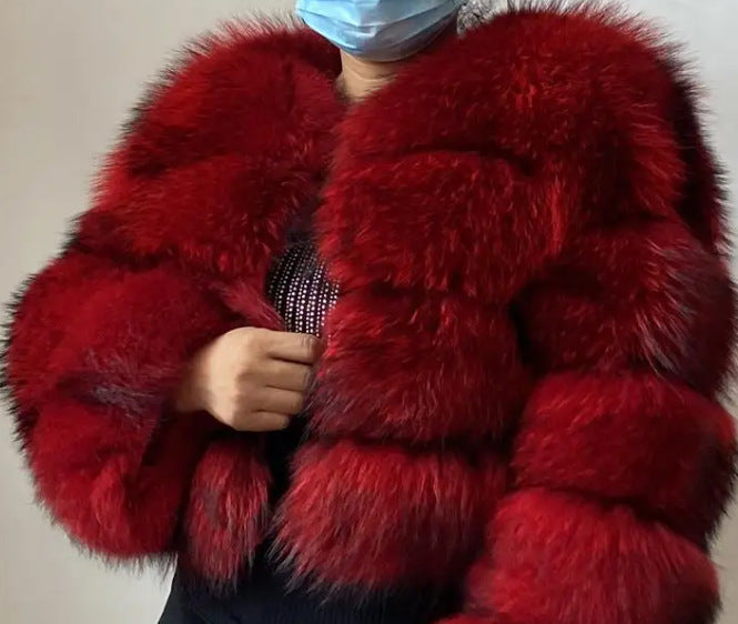 Crimson Red cropped banded fur coat, 4-Sleeve 4-Section layout, size 3XL