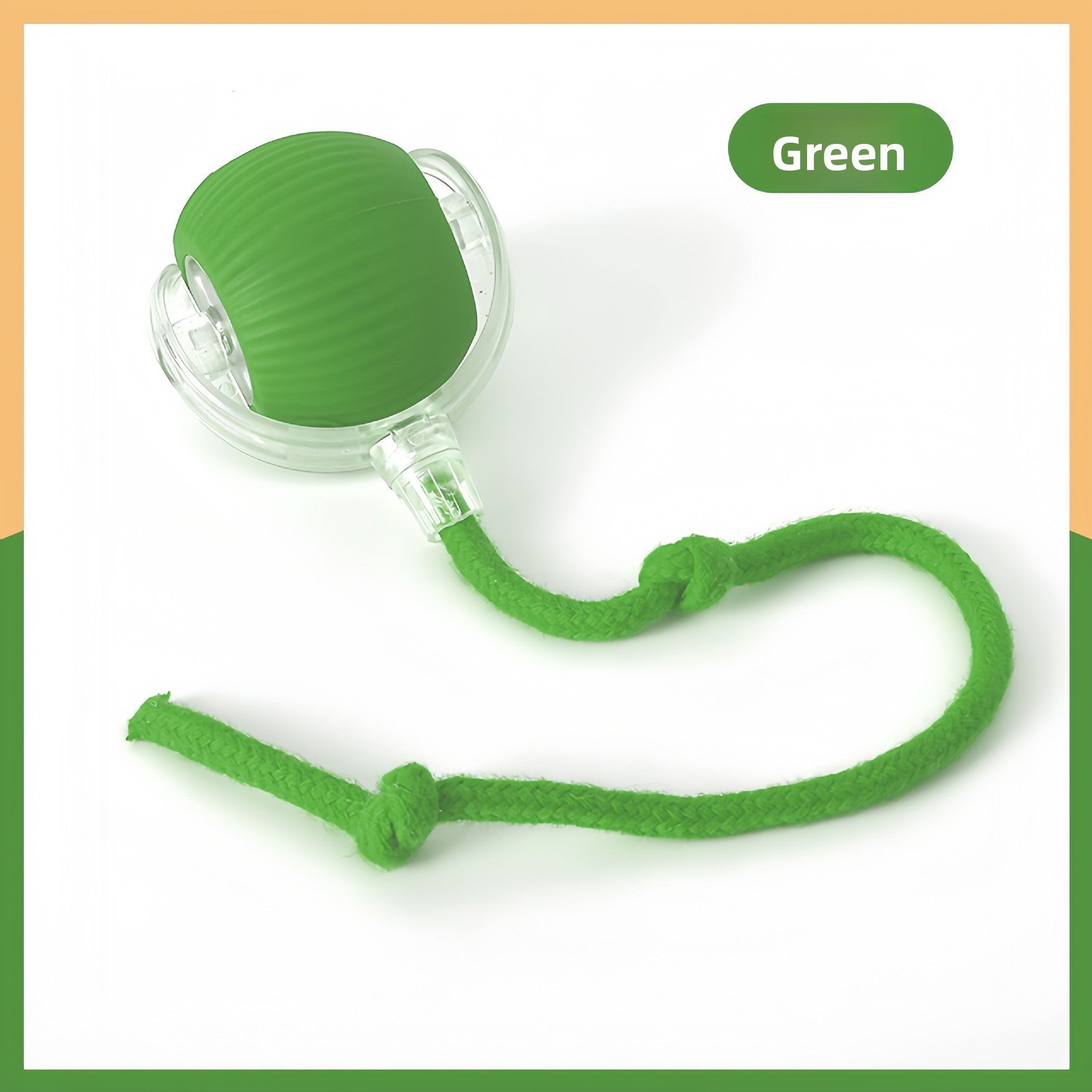 Green silicone rolling cat ball with a knotted green rope tail, labelled as the green option