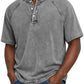 Side angle accent detail of the washed denim henley placket