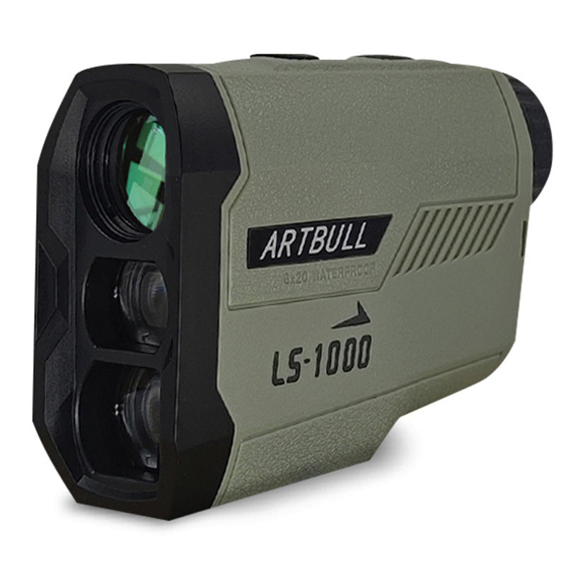 ARTBULL LS-1000 golf laser rangefinder, front view of the objective lenses and olive green housing