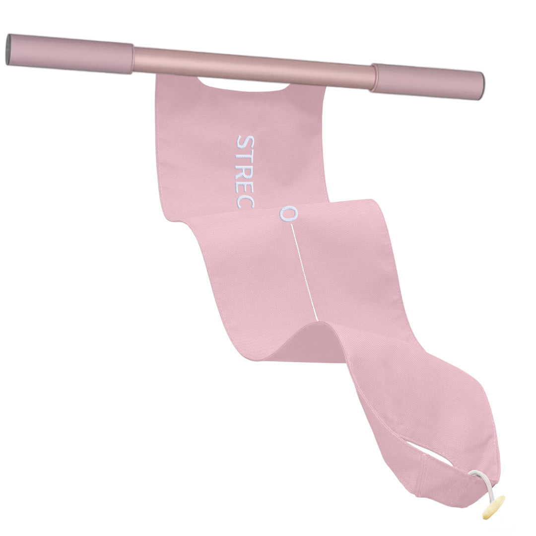Wide fabric yoga stretching strap with a bar handle and a foot loop showing the top bar handle and the strap