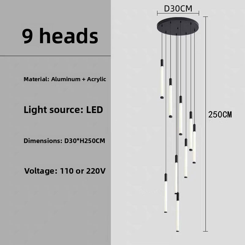 Specification panel of the 9 heads spiral LED chandelier with aluminum acrylic tubes, dimensions and light source