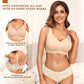 Woman in a nude wireless bra and briefs with callouts on coverage and support, front view