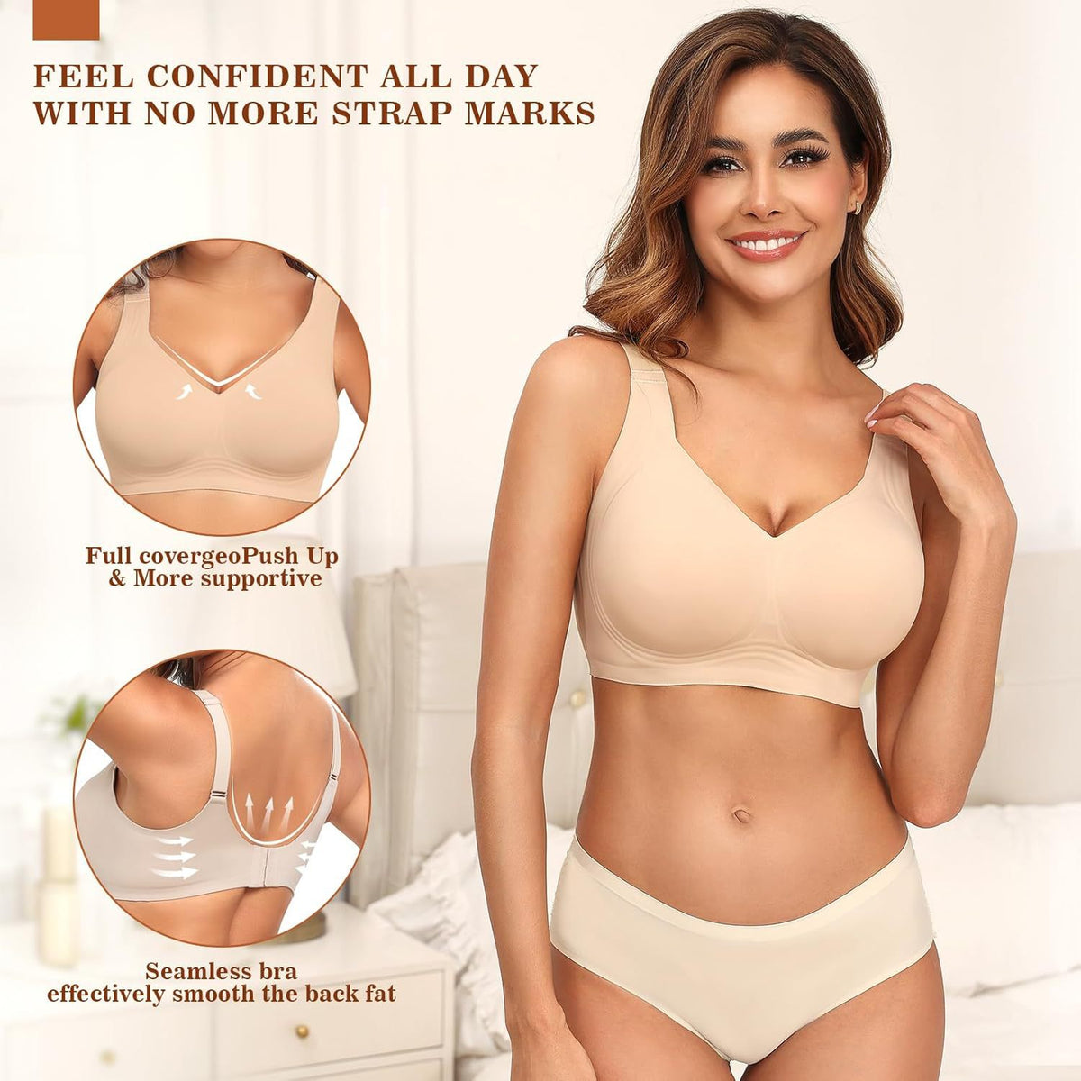 Woman in a nude wireless bra and briefs with callouts on coverage and support, front view