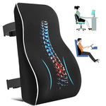 Black mesh memory foam lumbar back cushion standing upright with a top and bottom mounting strap