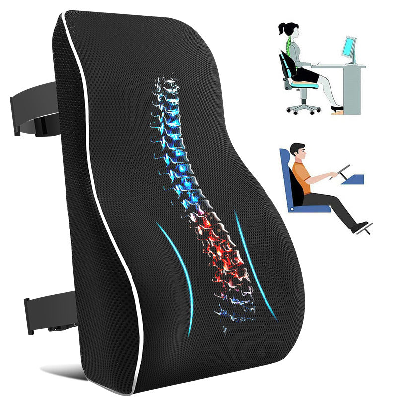 Black mesh memory foam lumbar back cushion standing upright with a top and bottom mounting strap
