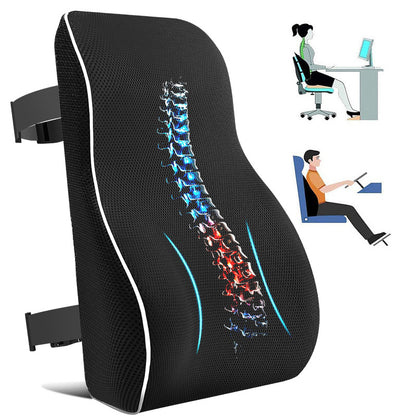 Black mesh memory foam lumbar back cushion standing upright with a top and bottom mounting strap