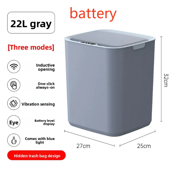 Blue gray 22L sensor trash can with feature icons and a 32 cm height mark, Gray-22l battery model option